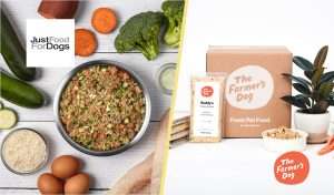 A picture of Just Food For Dogs food next to The Farmer's Dog food