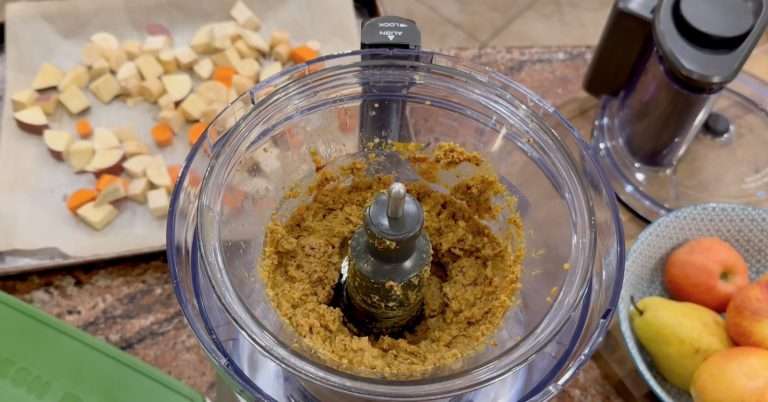 Me preparing my homemade dog food recipe in a food processor
